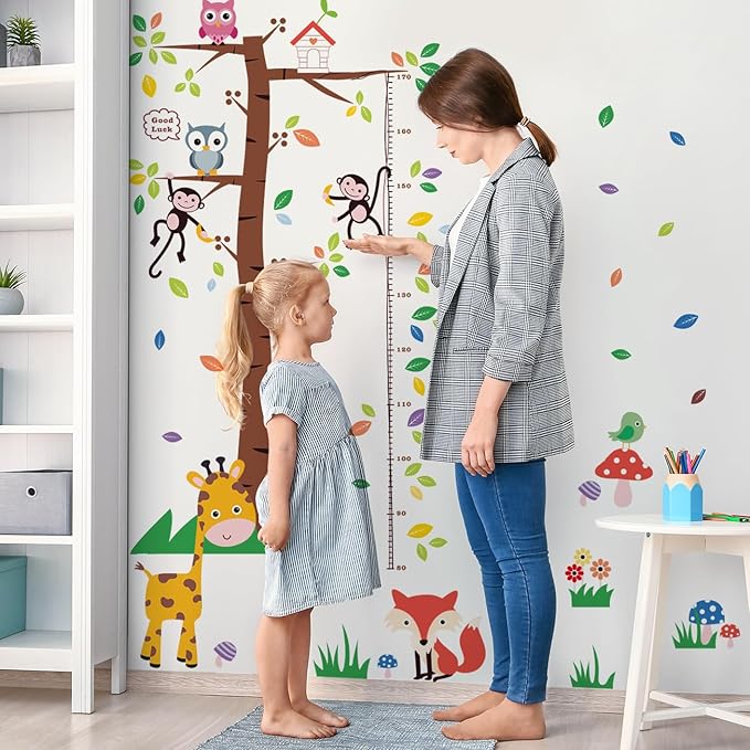 3D Cartoon Animal Height Growth Chart for Kids Wall Stickers Removable DIY Trees and Leaves Wall Stickers Vinyl Flowers Plants and Mushrooms Wall Art Decor for Nursery Kids Bedroom Living Room