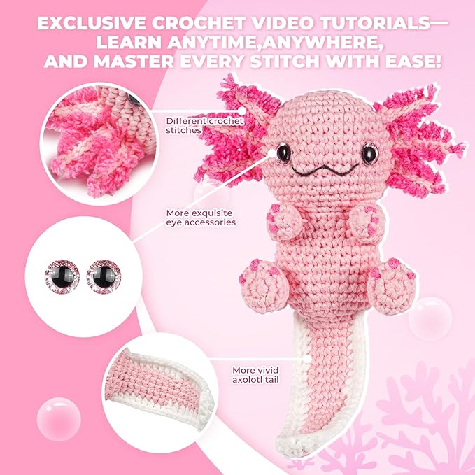 Crochet Kit for Beginners, Learn to Crochet, Include Easy Knitting Soft Yarn, Step-by-Step Video Tutorial, Hook, Holiday Birthday Gift for Adults and Kids(Happy Axolotl)