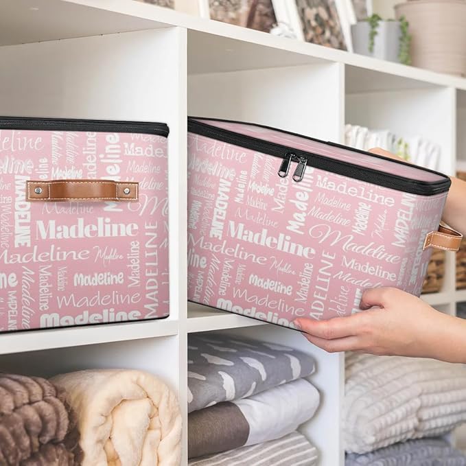 Custom Storage Basket with Name, Personalized Storage Bins with Zipper Lid, Foldable Fabric Storage Box Large capacity with Handle Pink