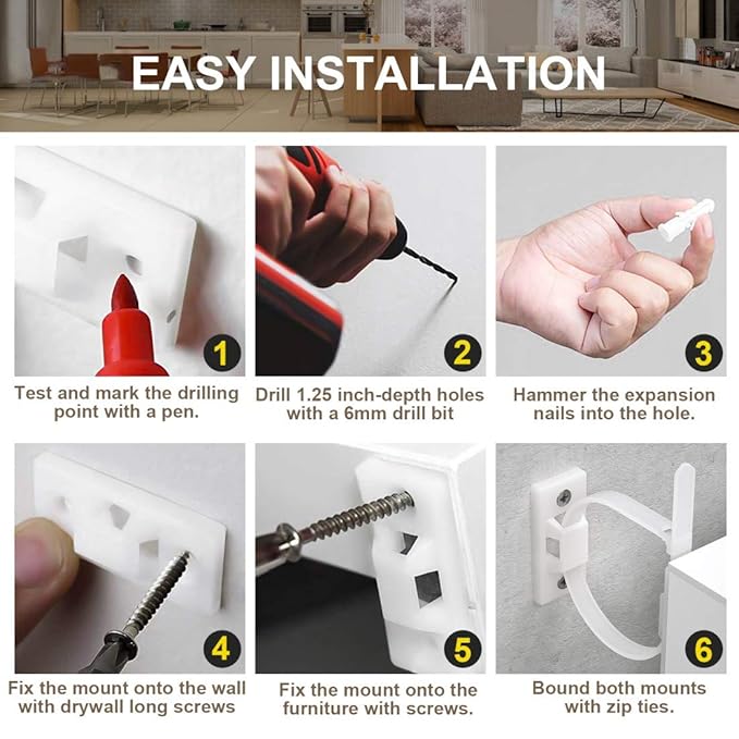 4our Kiddies Furniture Straps (6 Pack) Baby Proofing Anti Tip Furniture Anchors Kit, Cabinet Wall Anchors Protect Toddlers from Falling Furniture, Adjustable Child Safety Straps Earthquake Resistant