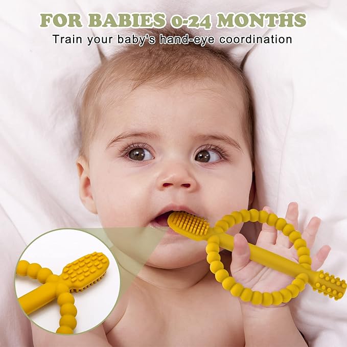 Baby Teething Toys with Easy-Hold Handle, Silicone Infant Toothbrush, Textured On Both Sides Helps Massage, Soothe Sore Gums, Teething Toys for Babies 0-6 Months, 6-12 Months