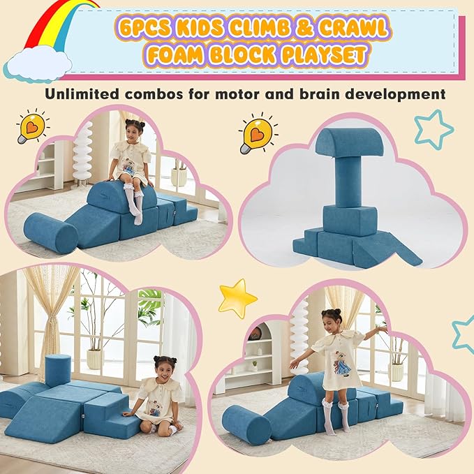 Jela Foam Blocks - Soft Play Equipment with 6 Luxury Miss Fabric Climbing Blocks for Toddlers, Babies & Kids - Lightweight Climb & Crawl Playset