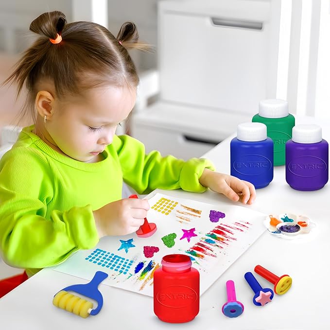 Kids Painting Set, Washable Paint for Kids 8 Colors with 10 Paint Sponges, Non Toxic Tempera Paints 2 oz Each, Paints for Toddlers Art, Craft, School and Home Finger Painting Projects