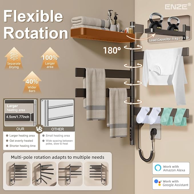 ENZE Smart Rotating Heated Towel Rack for Bathroom, Wall-Mounted Electric Towel Dryer with Swivel Bars & Shelf, Smart Timer, Low Carbon Steel, Plug-in/Hardwired, Towel Warmer with Wi-Fi App Control