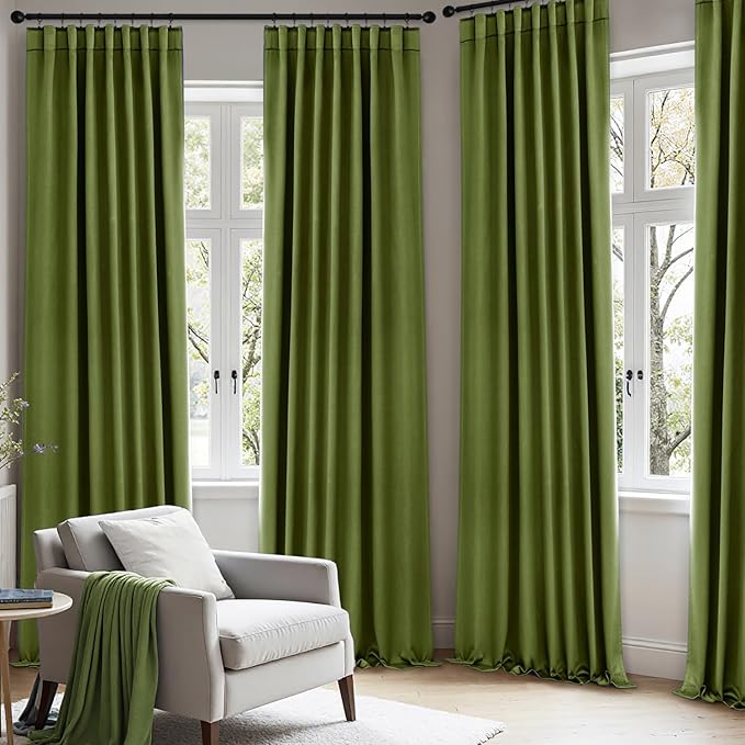 ANRODUO Back Tab Blackout Curtains for Bedroom Living Room, Rod Pocket Pinch Pleated Thermal Insulated Room Darkening Curtains 96 Inches Long 2 Panels, Olive Green, 42 x 96 Inch