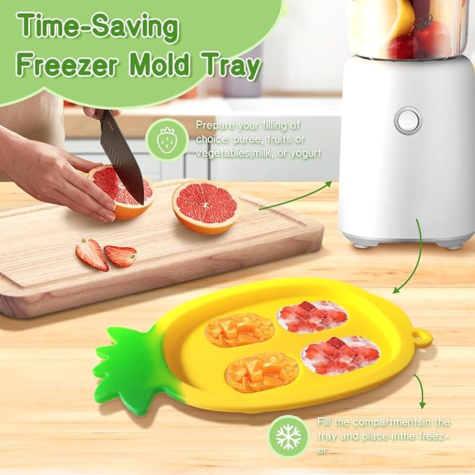 Baby Fruit Food Feeder - Silicone Nibble Tray Combo - Breastmilk Popsicle Mold for Cooling Relief, BPA Free Mesh Feeder for Infant Self Feeding (Dinosaur Green + Pineapple)