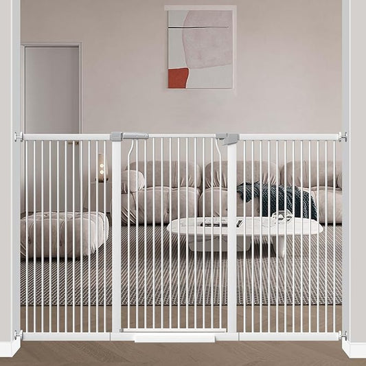 40.5" Extra Tall Baby Gate, 72.3"-74.1" Extra Wide Large Dog Pet Gate Indoor, Long Safety Child Gate for Stairs No Drill, Metal Auto Close Doggie Pet Gate for Doorway Stairs, White