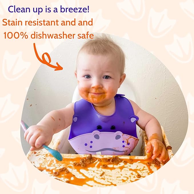 Silly Goose Set of 2 Silicone Baby Bibs, for Babies and Toddlers, Waterproof, Adjustable, Soft, Extra Wide Food Catcher Pocket, Animals (2PK Fox+Hippo)