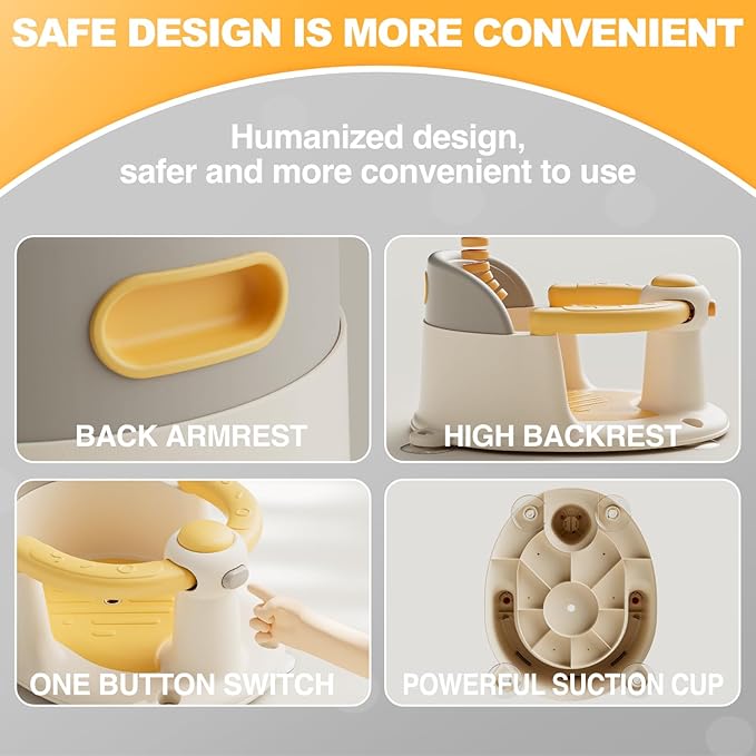 Baby Bath Seat 6 Months & up, Bath Seat for Baby, Infant Bath Seat with Suction Cups, Non-Slip, Detachable,Yellow