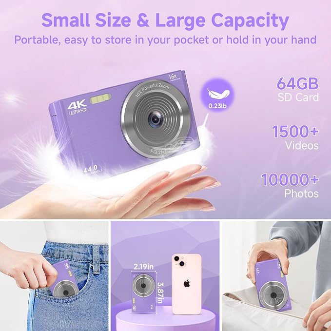 Digital Camera for Teens, FHD 4K 44MP Digital Camera Purple with 64GB SD Card 16X Digital Zoom, Cameras for Photography Compact Point and Shoot Camera for Teen Boys Girls Kids Camera Digital Purple