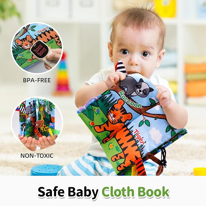 Jollybaby Crinkle Books for Babies, Sensory Soft Touch and Feel Baby Toys for 0-6 Months Infants, Newborn Montessori Early Educational Cloth Toys, Baby Girl & Boy Gift(Jungle Tails)