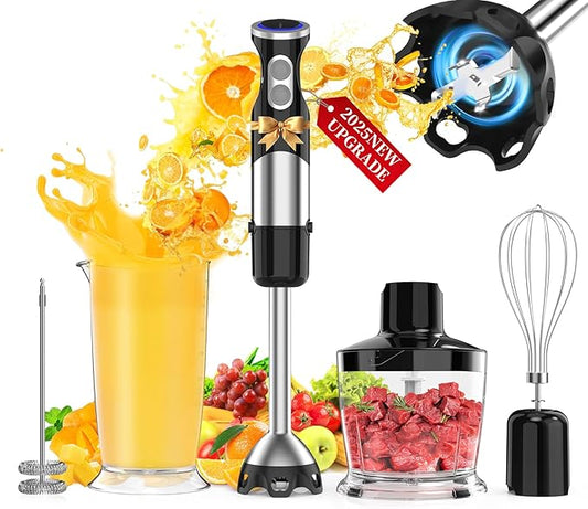 Immersion Blender Handheld 5 in 1-1100W Scratch Resistant Blender Stick, 12 Speed and Turbo Boost Hand Blender with Chopper Beaker Whisk and Milk Frother for Milkshake Puree Smoothie Food