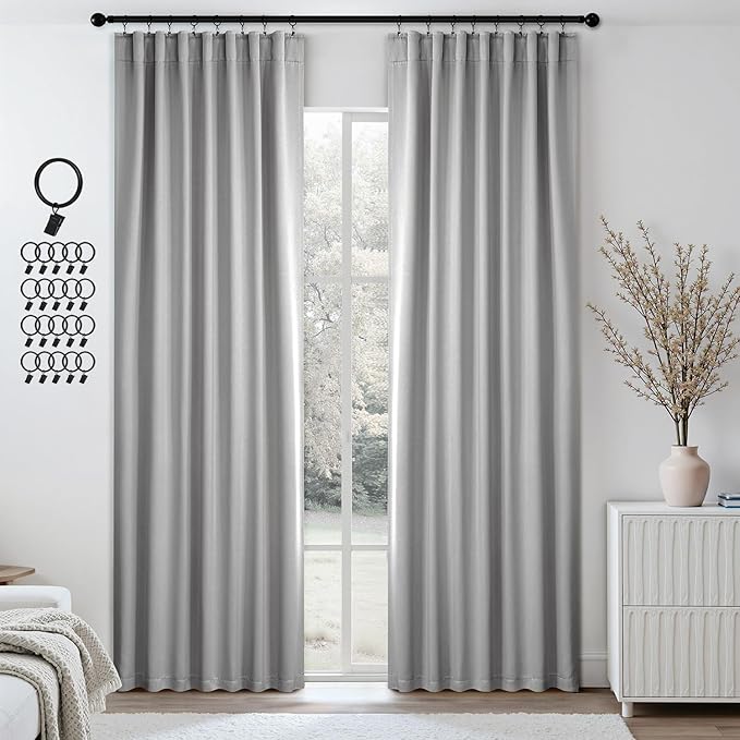 ANRODUO Back Tab Blackout Curtains for Bedroom Living Room, Rod Pocket Pinch Pleated Thermal Insulated Room Darkening Curtains 84 Inches Long 2 Panels, Light Grey, 42 x 84 Inch