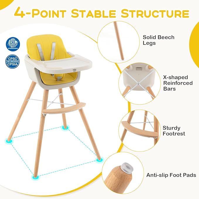 BABY JOY Convertible Baby High Chair, 3 in 1 Wooden Highchair/Booster/Chair with Removable Tray, Adjustable Legs, 5-Point Harness, PU Cushion and Footrest for Baby, Infants, Toddlers (Yellow)
