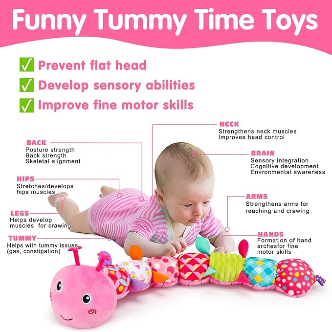 Baby Tummy Time Toy 0-6 Month Musical Stuffed Animal Plush Caterpillar Toy for Infant 6-12 Month Teething Sensory Toy with Crinkle Rattle for Babies 0-3-6 Month Newborn Toys for Boy Girl Birthday 1