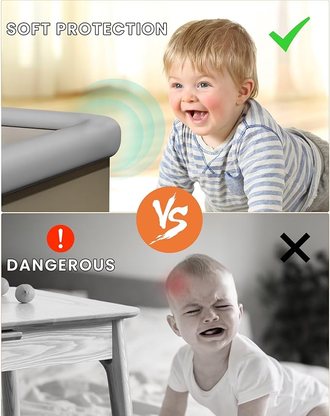 Baby Proof Edge Corner Protector, 6.56FT 0.47''Th L-Shape Furniture Corner & Edge Safety Bumpers with 6 Corners, Pre-Taped, Soft NBR Rubber Foam Desk Edge Cushion Wall Corner Protector（Grey）