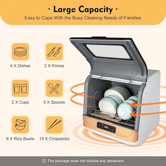 Compact Portable Dishwasher Countertop with Filter and Hybrid Drying Function, 360° Streak-Free Deep Cleaning, 3 Washing Programs, Mini Dishwasher for Apartments& RVs
