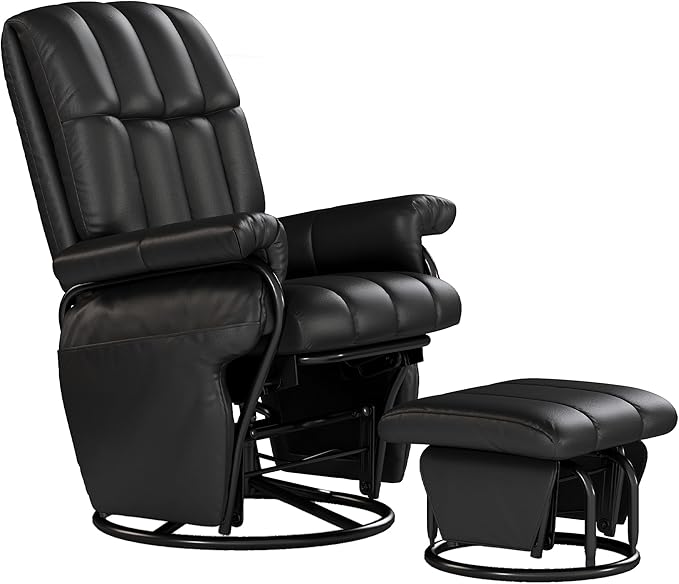 AODAILIHB Swivel Glider Recliner with Ottoman, 360 Rocking Chair with Foot Rest Recliner Chair Indoor Rocking Chair with Side Pockets Nursery Chairs for Living Room, Bedroom, Office (Black)