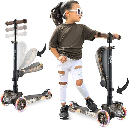 Hurtle 3-Wheeled Scooter for Kids - Wheel LED Lights, Adjustable Lean-to-Steer Handlebar, and Foldable Seat - Sit or Stand Ride with Brake for Boys and Girls Ages 1-14 Years Old