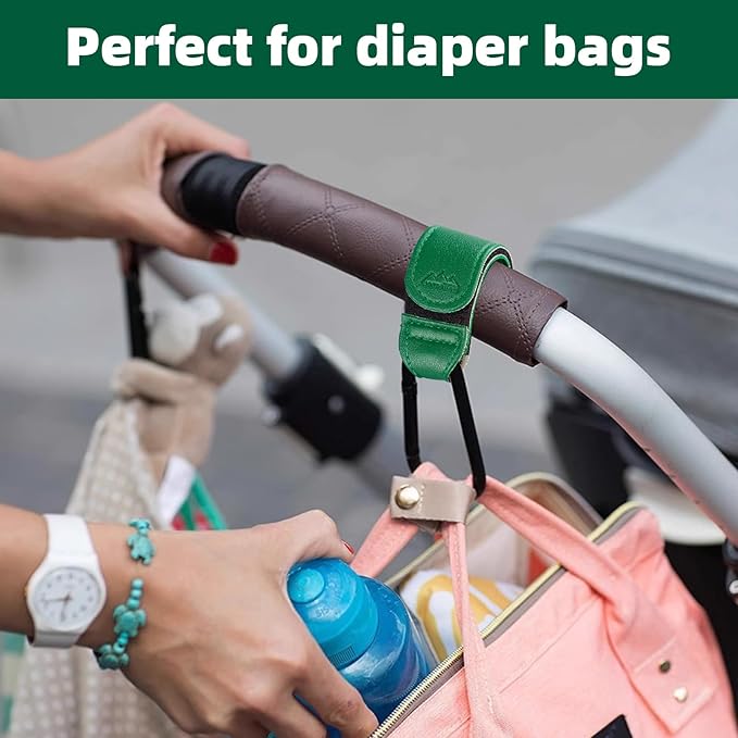 Baby Stroller Hooks Bag Hooks for Hanging Diaper Bags Multipurpose Hooks for Grocery Shopping Bags Premium Vegan Leather Pram Straps 2 Pcs (Green)