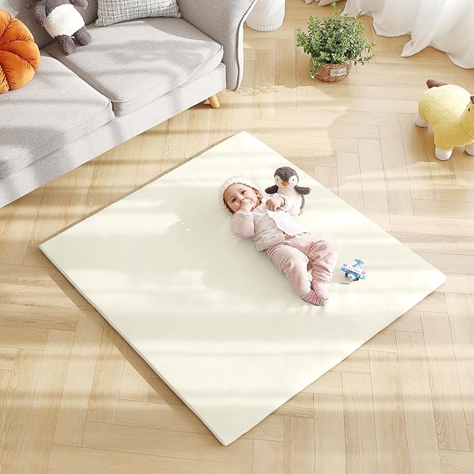 Baby Play Mat 48"x48" – Thick, Non-Slip Foam Mat for Babies and Toddlers. Foldable, Scrubbable, Odorless, and Soft, Ideal for Playpens, Crawling, and Indoor Playtime-Beige