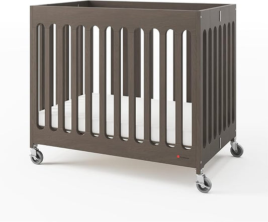 Foundations Boutique Folding Mini Baby Crib - Compact, Portable, Wooden Hotel Crib, Foldable Compact Cribs for Baby & Toddlers - Includes 3" Foam Mattress - Dapper Gray