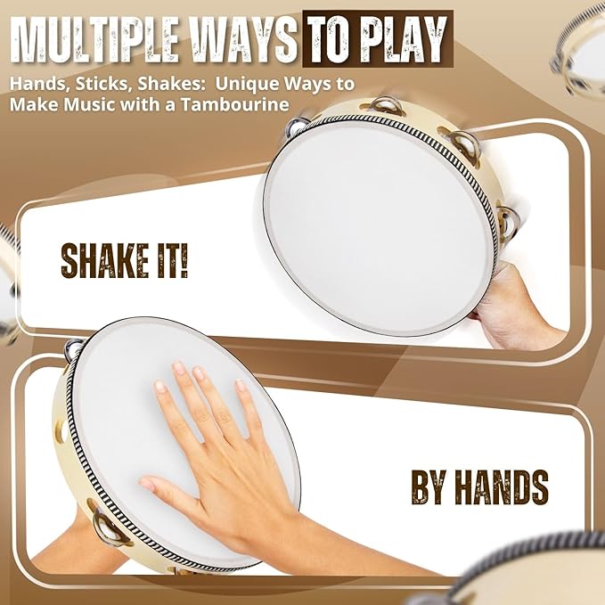 Flexzion Wooden Round Tambourine for Kids and Adults 6" Inch Single Row 8 Pair Jingles, Wood Handheld Percussion Instrument for Beginner and Professional Tambourine Player