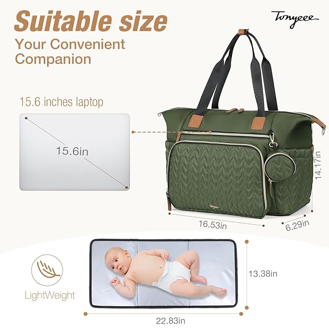 Diaper Bag Tote, Large Baby Diaper Bags Waterproof, Hospital Bag for Labor Delivery with Pacifier Case, Changing Pad, Shoulder Strap, Dark Green
