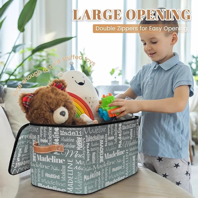 Custom Storage Basket with Name, Personalized Storage Bins with Zipper Lid, Foldable Fabric Storage Box Large capacity with Handle Gradient Grey Green