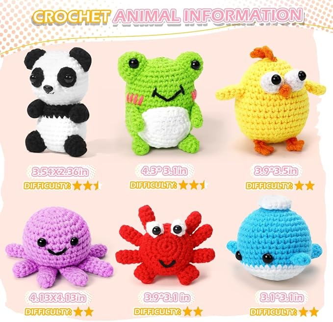 6 PCS Crochet Animal Kit –2026 DIY Amigurumi Crochet Kit for Beginners, Knitting Crochet Kit For Kids Adults , Knitting Kit with detailed videos tutorials, Yarn, Hook, Best Gift For Crochet Lovers