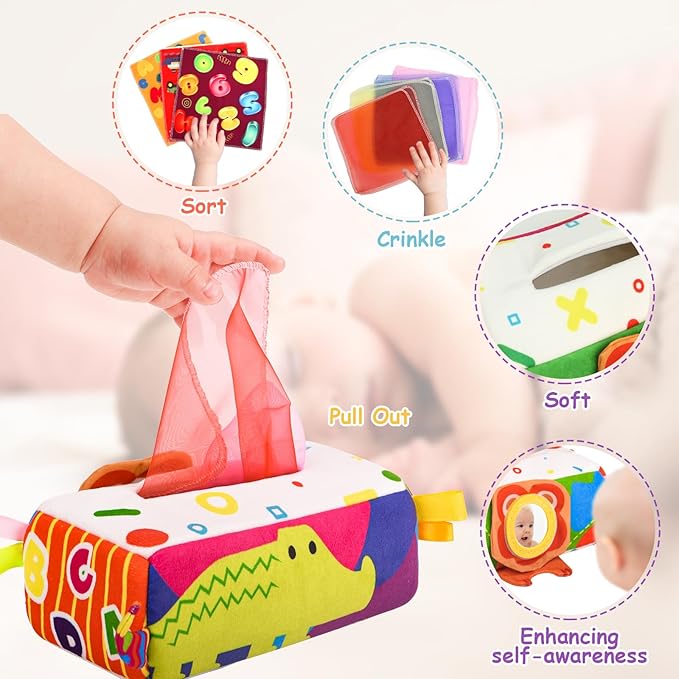 Baby Tissue Box - Montessori Toys for 6-12 Months, 1 Year Old - Soft Stuffed & High Contrast Crinkle Infant Sensory Toy, Early Learning Gift for Girls & Boys Toddlers