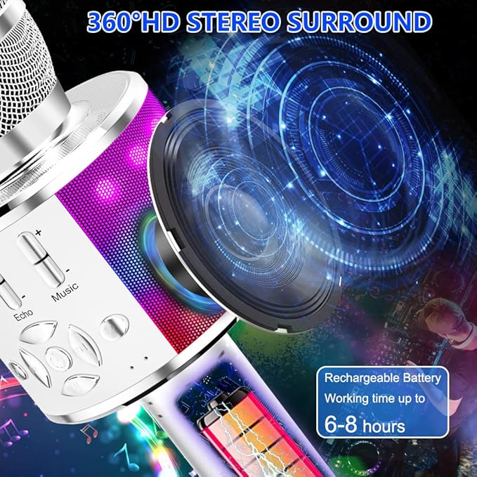 Amazmic Kids Karaoke Microphone Machine Toy Bluetooth Microphone Portable Wireless Karaoke Machine Handheld with LED Lights, Gift for Children Adults Birthday Party, Home KTV(Silver)