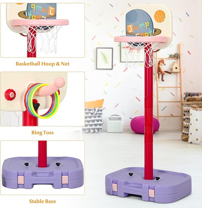 Costzon Kids Basketball Hoop, 2 in 1 Toddler Basketball Hoop Toy Set with Ring Toss & Storage Box for Boys Girls Baby, Portable Basketball Hoop Stand with Adjustable Height for Indoor Outdoor