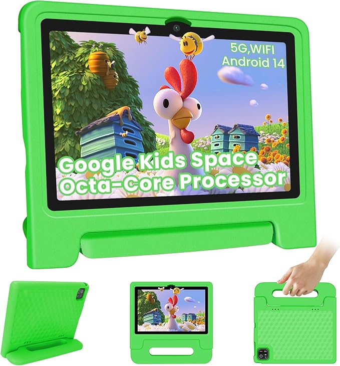 Kids Tablet 10.1 inch Android 14 Octa-Core 64GB 6000mAh Kids Space Parental Control 1280 * 800 HD Touchscreen Shockproof Case Dual Camera Gift for Toddler Children (Green)