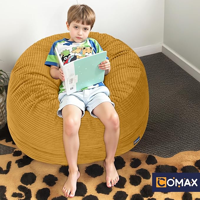 COMAX Kids Bean Bag Chair Turn into Beanbag Bed, Toddler Bean Chair Corduroy for Girl Boy Sleeping, Lazy Children Bean Bags with Filler, Convertible Child Floor Mattress, Yellow