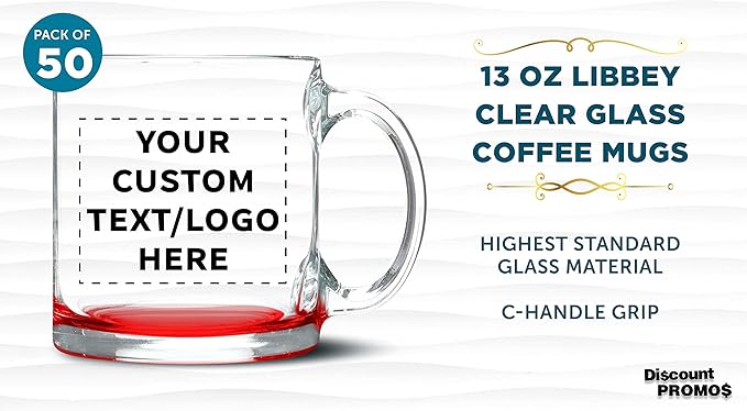 Custom Libbey Clear Glass Coffee Mugs 13 oz. Set of 50, Personalized Bulk Pack - Perfect for Coffee, Tea, Espresso, Hot Cocoa, Other Beverages - Red Bottom