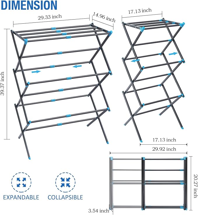 APEXCHASER Clothes Drying Rack, 3-Tier Laundry Drying Rack for Clothes, Expandable Metal Clothing Dryer, Collapsible Towel Rack, Air Drying Rack, Graphite