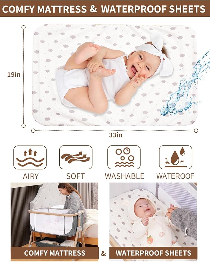 Baby Bassinet Bedside Sleeper - 3 in 1 Bassinets with Waterproof Sheets, Soft Mattress and Breathable Mesh, Adjustable Height Bedside Bassinet for Baby with Wheels, Storage Basket, Gray