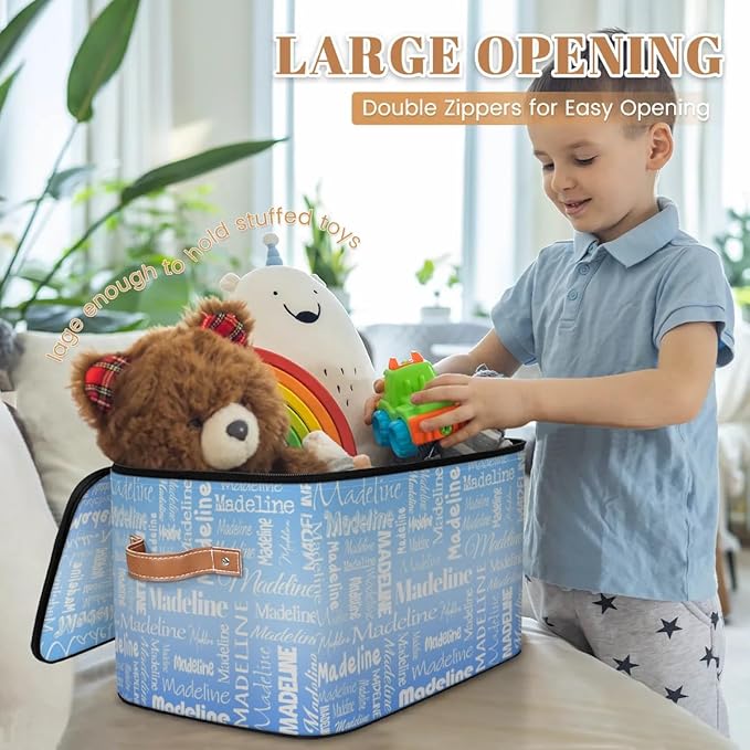 Custom Storage Basket with Name, Personalized Storage Bins with Zipper Lid, Foldable Fabric Storage Box Large capacity with Handle Blue