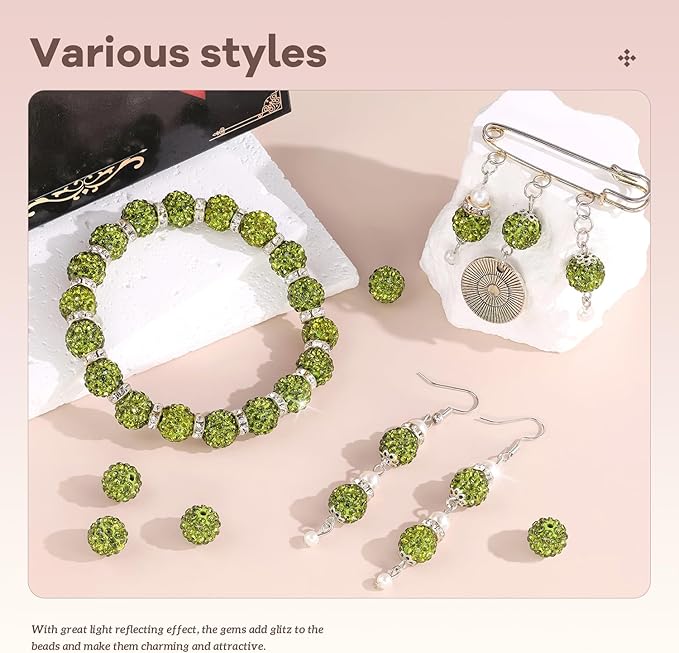160pcs 10mm Rhinestone Beads for Jewelry Making, Olivine Shiny Round Disco Ball Beads Bulk, Sparkle Crystal Clay Christmas for Bracelet Baseball Necklace Earring Crafting and DIY