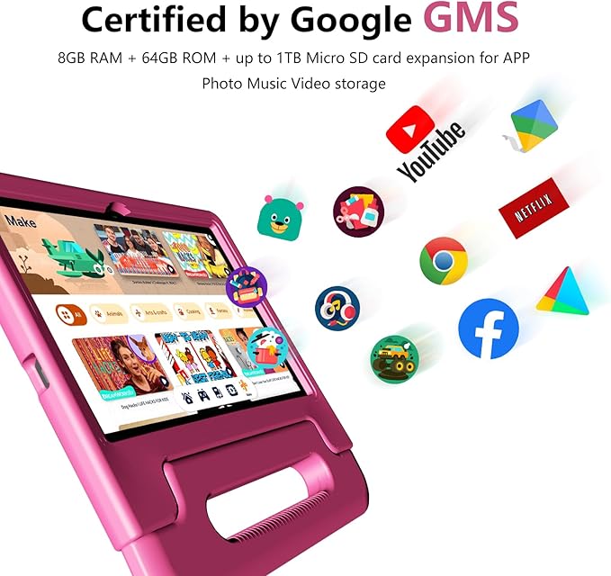 Kids Tablet 8GB+64GB, 10 Inch Android 14 Tablet for Kids 6000mAh with Case, WiFi 6, Bth 5.2, Dual Camera, GPS Pre-Installed Parental Controls, Kids Space & Family Link Great Gift for Toddler Children