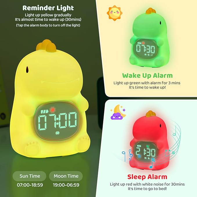 Dinosaurs Alarm Clock with Night Light for Kids with Sleep Training and Sound Machine, Rechargeable Silicone Lamp OK to Wake Clock，Cute Animal Tabletop Lamp, Perfect Sleep Companion for Boys Girls