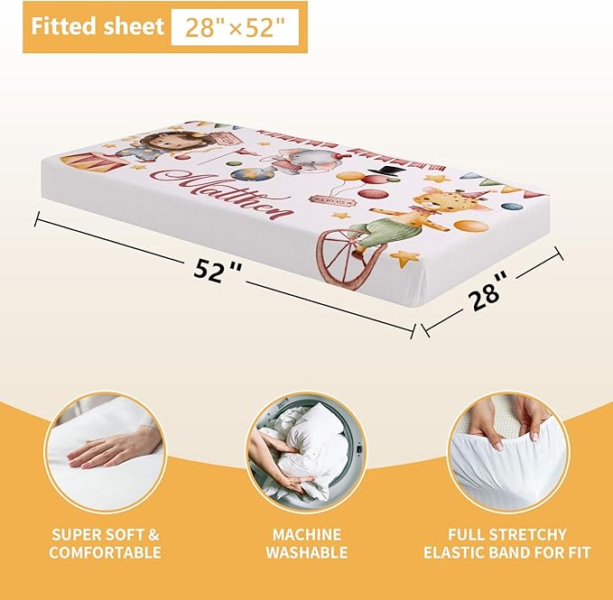 Custom Baby Crib Bedding Set, 5 Pcs Personalized Name Baby Crib Set with Double Layer Blanket, Soft Circus Animals Nursery Bedding Set for Girls Boys, Customized Gifts for Infants Toddlers