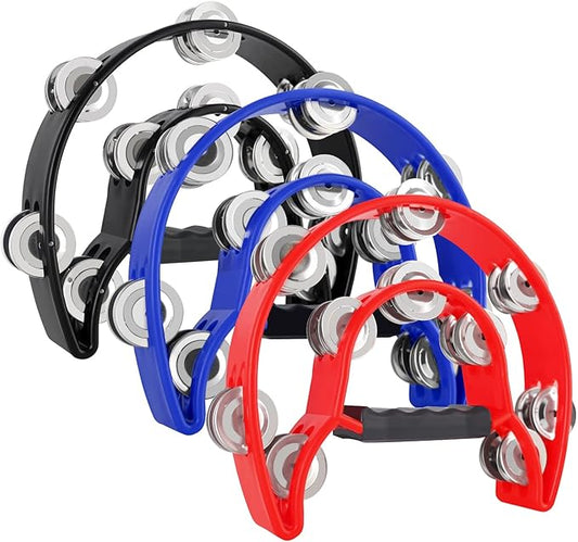 EASTROCK 3 Pack Double Row Tambourine Metal Jingles Hand Held Percussion Half Moon Tambourine for Kids, Adults, KTV, Party (Black, Blue, Red)