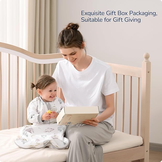 Baby Sleep Sack 3-6 Months, Cotton Detachable Long Sleeve Sleep Sack, 1.0 Tog Toddler Sleeping Sack with Temperature Strips, 2-Way Zipper Wearable Blankets for Newborns, Hot Air Balloon