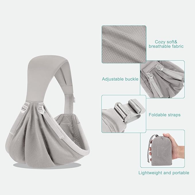 Baby Sling Carrier,Baby Carrier Newborn to Toddler,Toddler Carrier,Portable Lightweight & Spreadable Shoulder Straps (Light Grey)