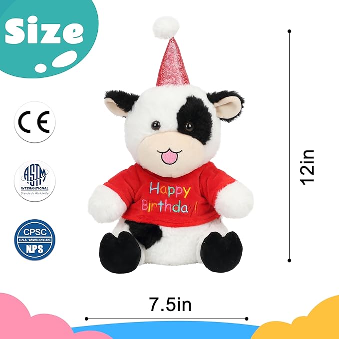 Cuteoy Happy Birthday Cow Musical Stuffed Animal Shaking Singing Dancing Plush Toy Electric Interactive Animated Plushies Gifts for Kids Girls Boys