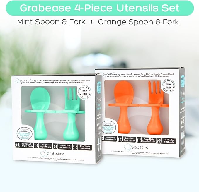Grabease Baby Spoons and Forks Utensils for Toddlers Infants BPA-Free & Phthalate-Free Baby Silverware, 2 Sets, Mint and Orange - Toddler Spoon