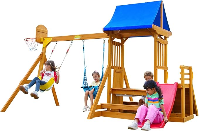 Kids Swing Sets for Backyard, Wooden Playground Sets for Ages 3-6 with a Wave Slide, Rock Climbing Wall, Sandbox, 2 Swings, and More,6-in-1 Outdoor Playset