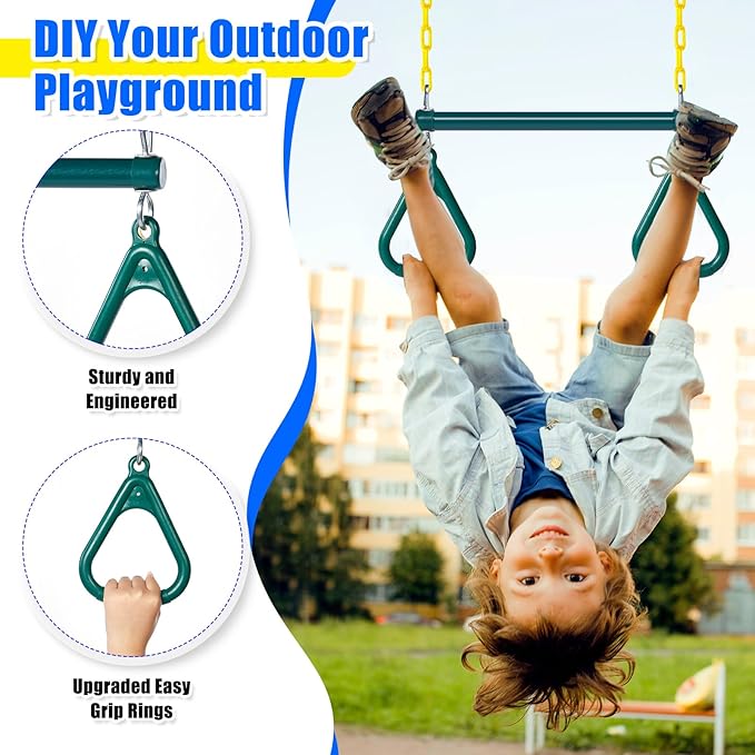 Hungdao 2 Set Gym Ring Trapeze Swing Bar and Climbing Rope with Platforms Disc Heavy Duty Coated Chains Seat Accessories for Outdoor Indoor Playground Backyard(Green)